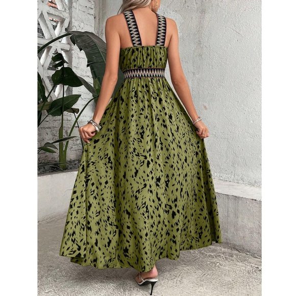 Allover Print Contrast Tape Split Thigh Maxi Dress Green - Picture 5 of 6